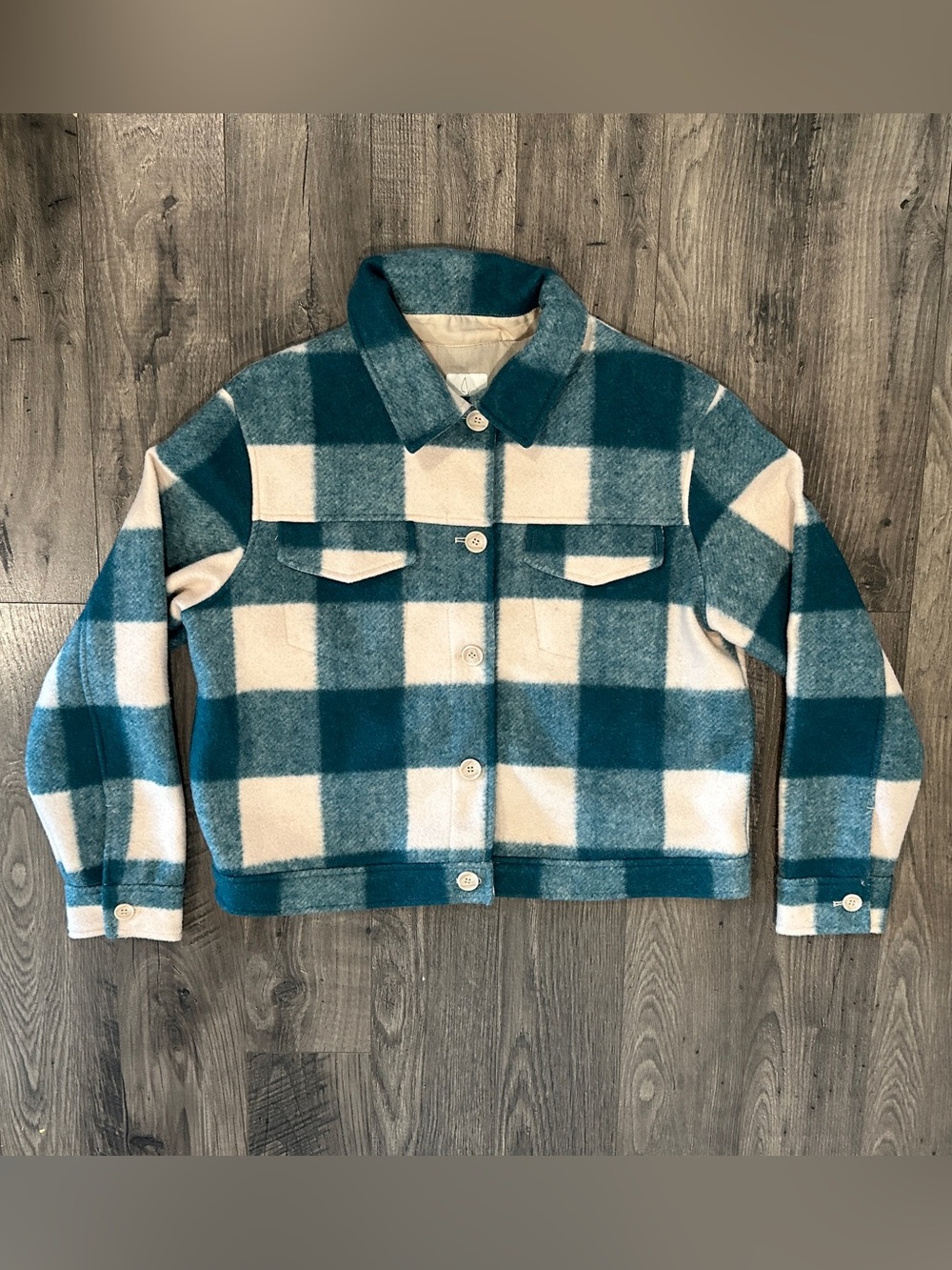 Joie Buffalo Plaid Cropped Shacket Jacket Women’s L/XL Teal Ivory NWT